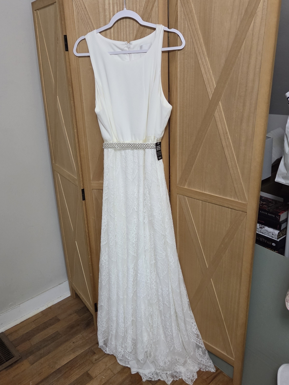 White Lace A-Line Wedding Dress with Beaded Belt